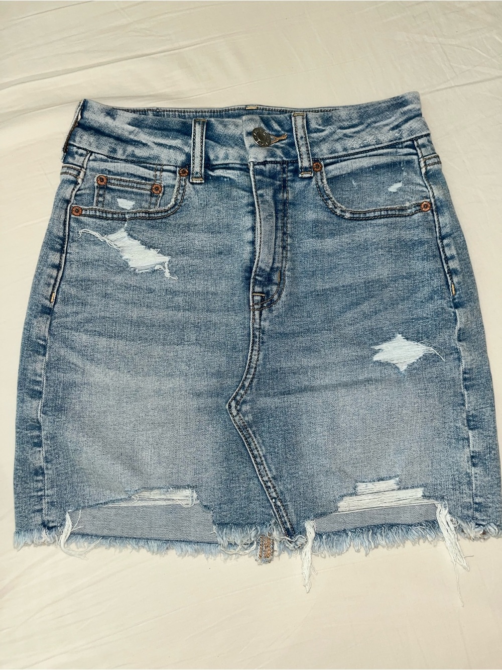 American Eagle Outfitters Light Blue Distressed Denim Mini Skirt